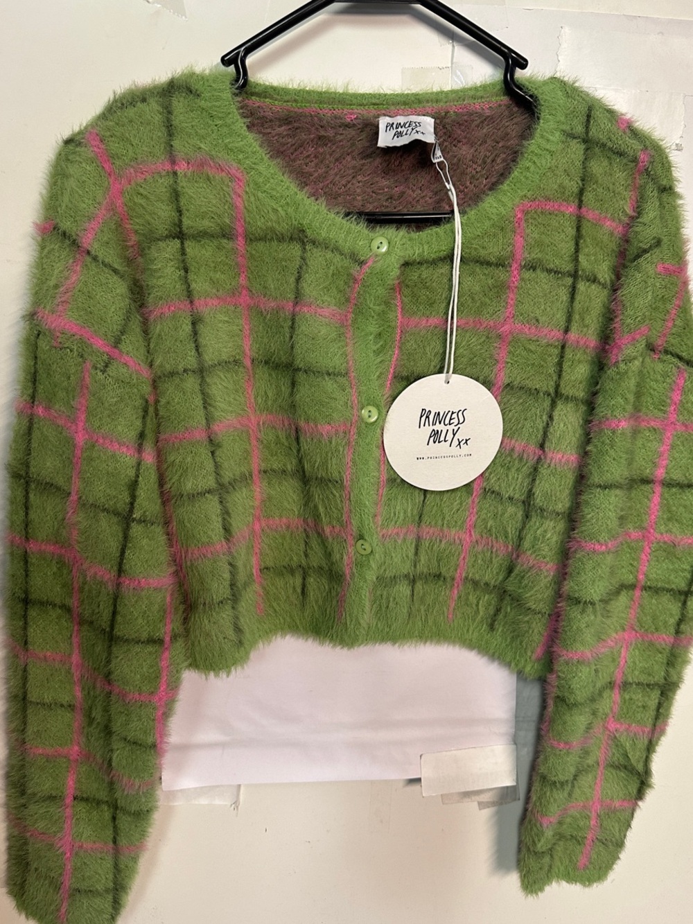 Princess Polly Green Fuzzy Plaid Button Cardigan with Pink Grid size 6